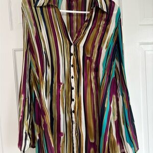 Sunny Leigh Colorful Striped Button Down Tunic Blouse